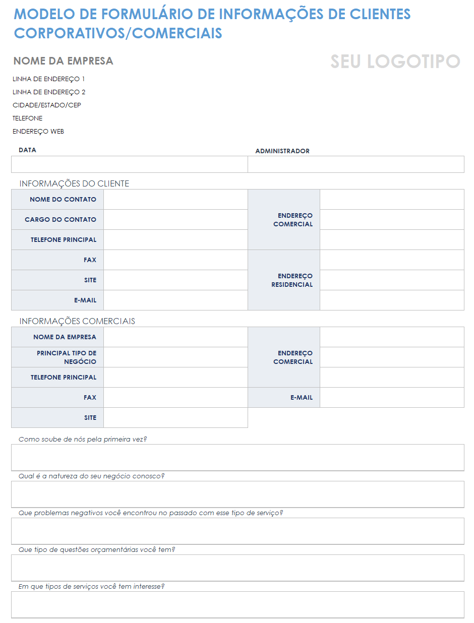 modelo de planilha de informações do cliente corporativo