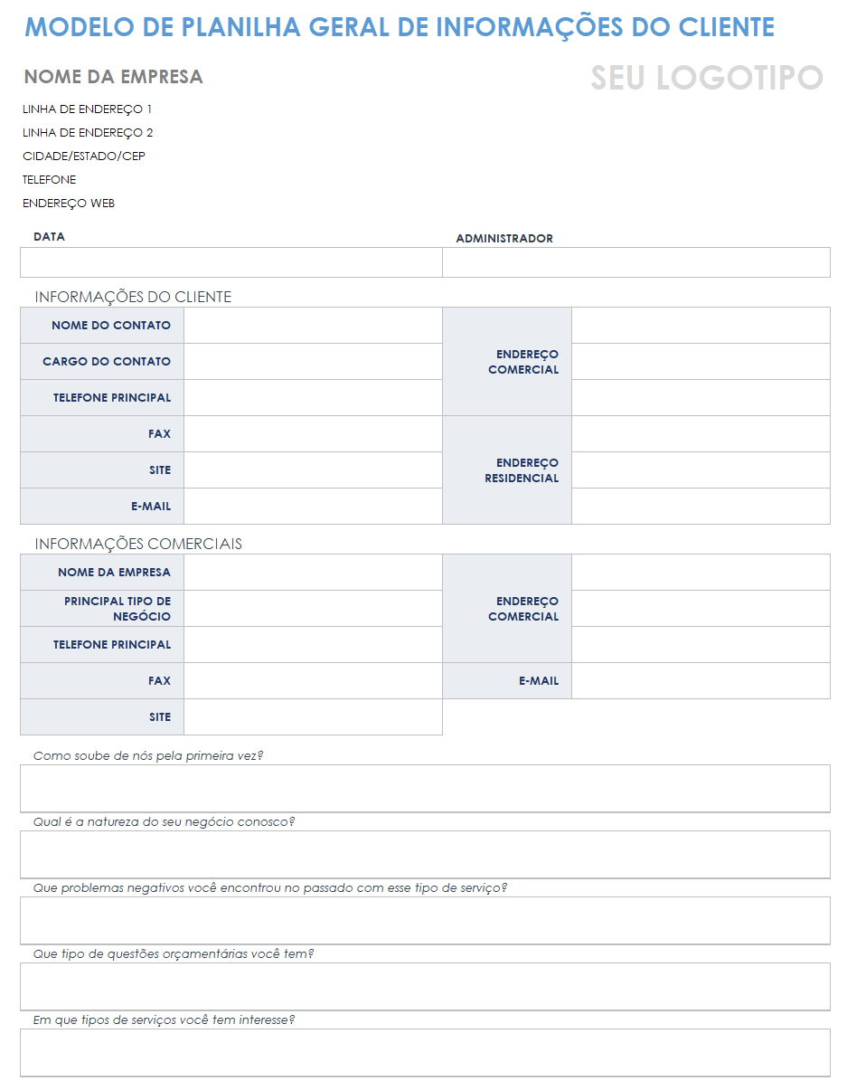  modelo de planilha de informações gerais do cliente