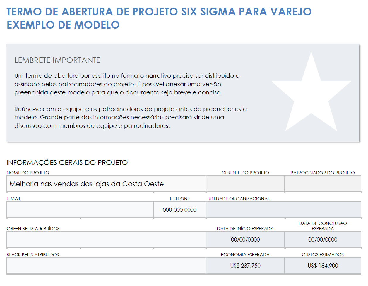  modelo de exemplo de carta de projeto de varejo seis sigma