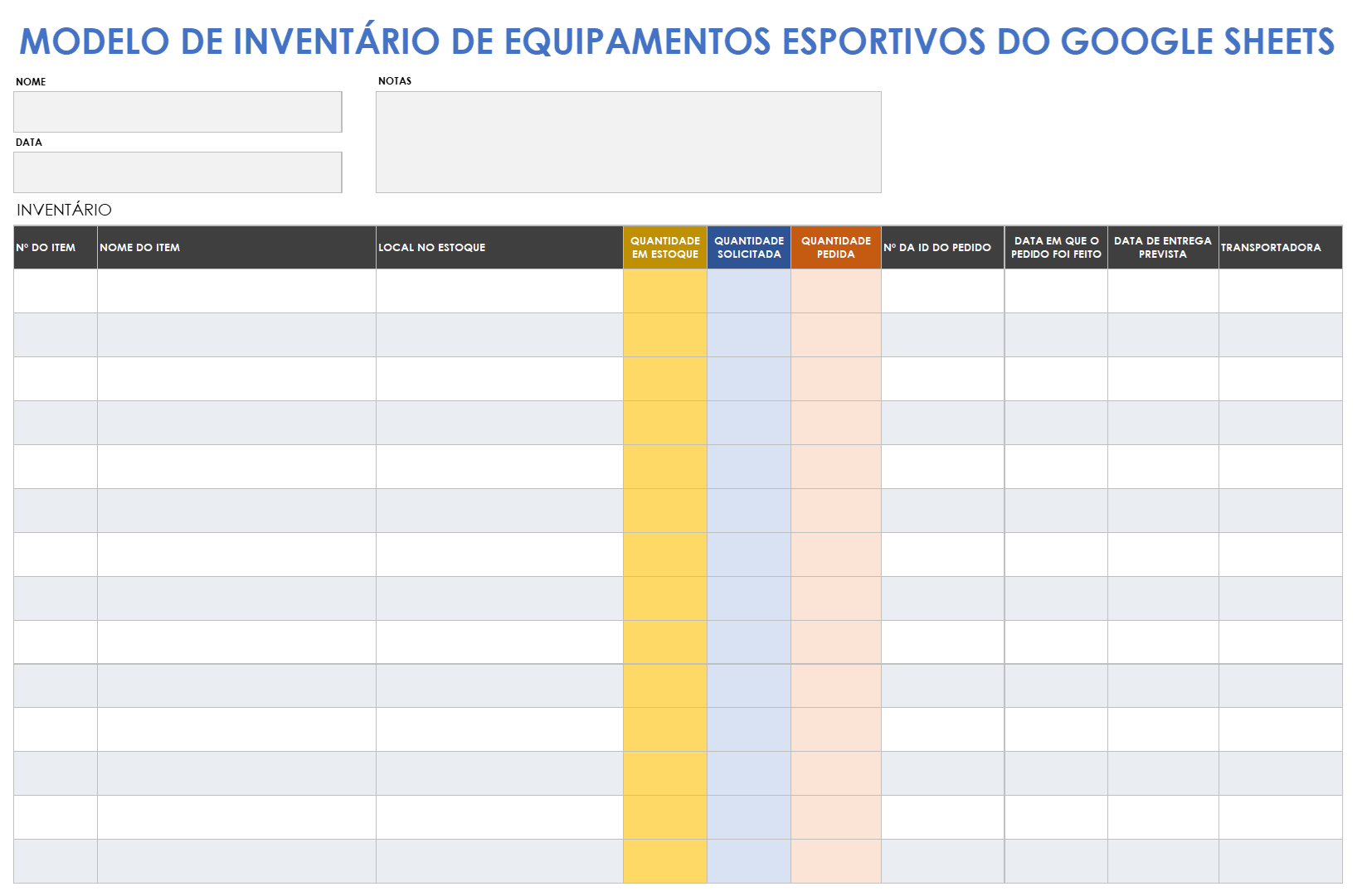  Modelo de inventário de equipamentos atléticos do Planilhas Google