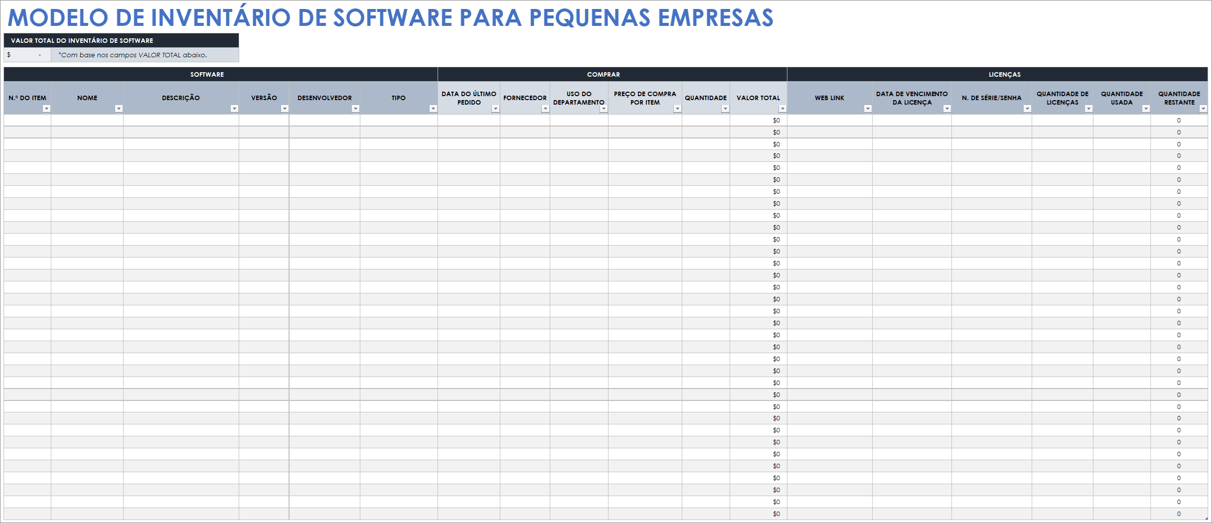  Modelo de inventário de software para pequenas empresas