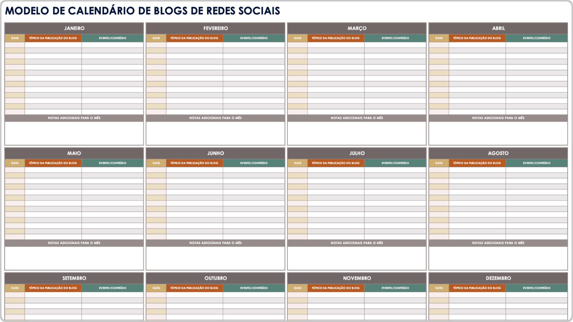 Modelo de calendário de blogs de mídia social