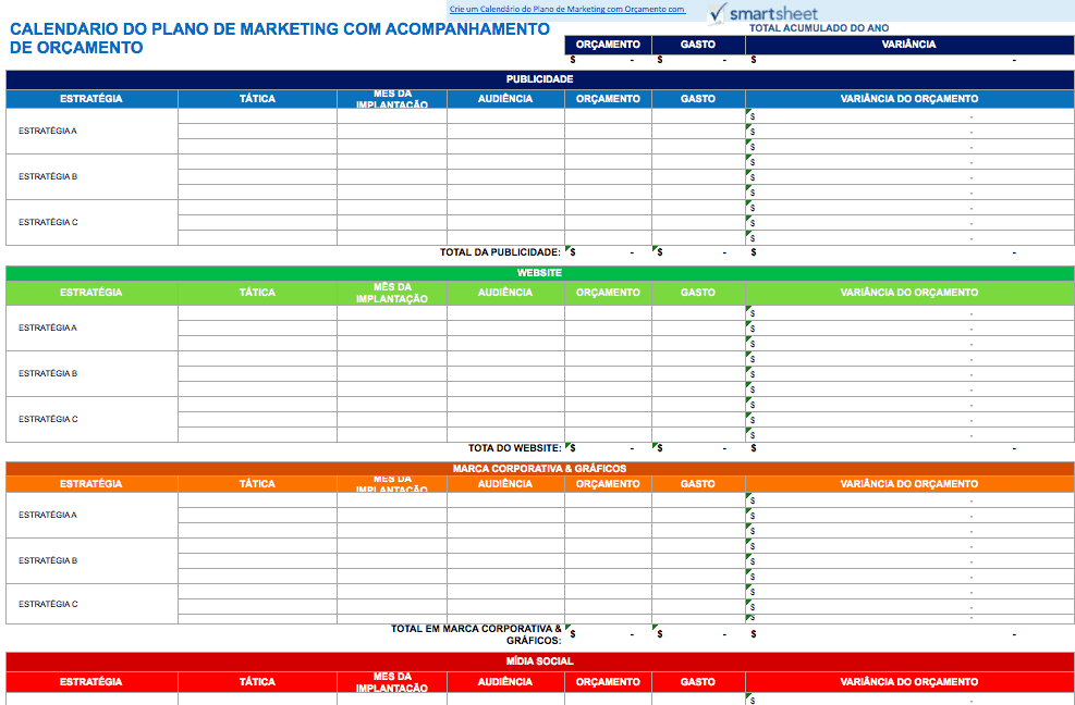 CALENDÁRIO DO PLANO DE MARKETING COM ACOMPANHAMENTO DE ORÇAMENTO