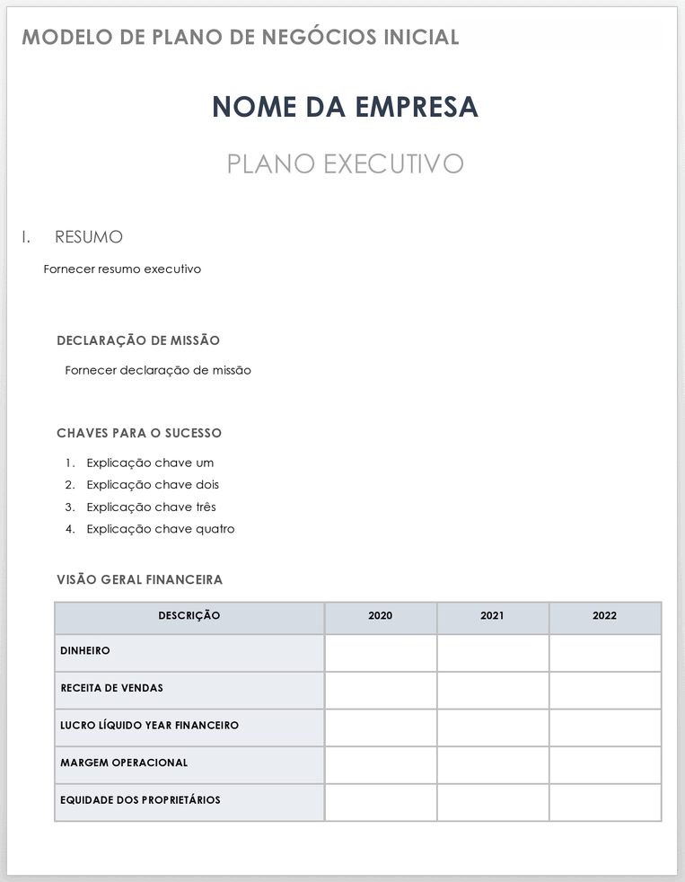 Modelo de Plano de Negócios de Inicialização