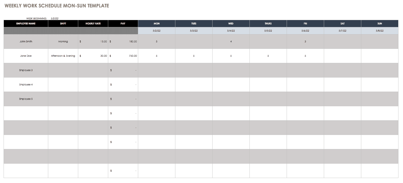 Weekly Work Schedule Mon Sun Template